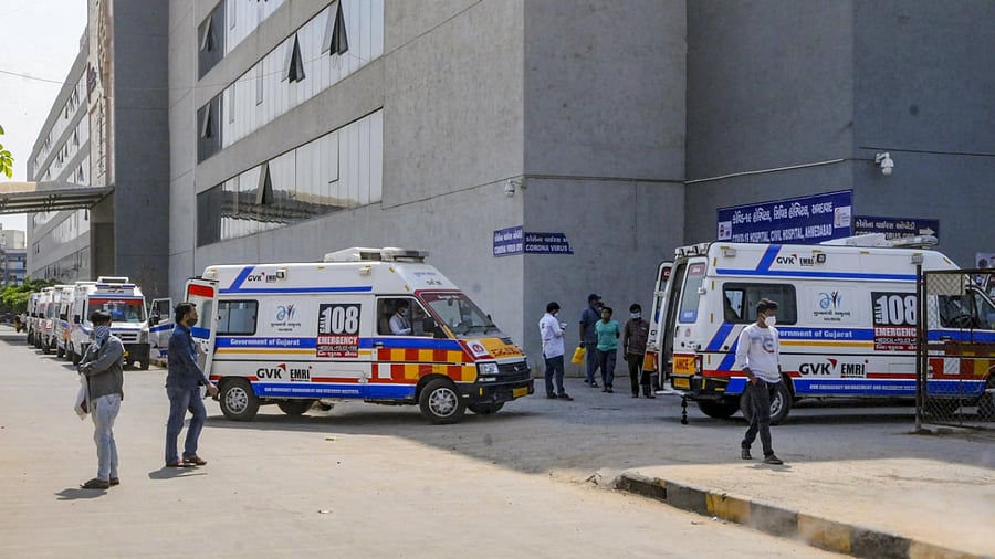 Ambulances lined up outside the Covid-19 OPD at the Government Civil Hospital, in Ahmedabad. Credit: PTI Photo