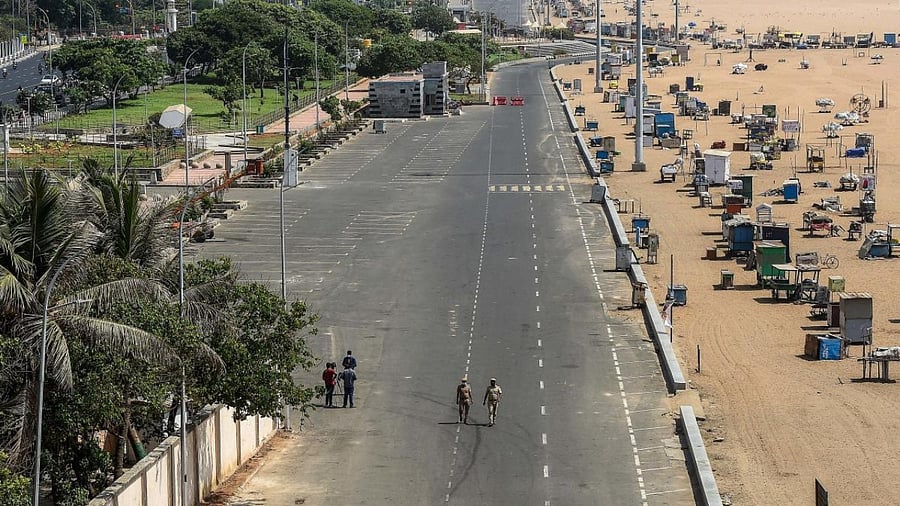 Marina beach wears a deserted look, as coronavirus cases surge in Chennai. Credit: PTI Photo