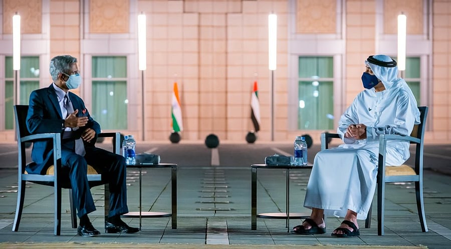 Jaishankar reached Abu Dhabi on Sunday – just a day after Qureshi flew from Islamabad to Dubai to embark on a three-day visit to the UAE. Credit: Twitter/ @DrSJaishankar