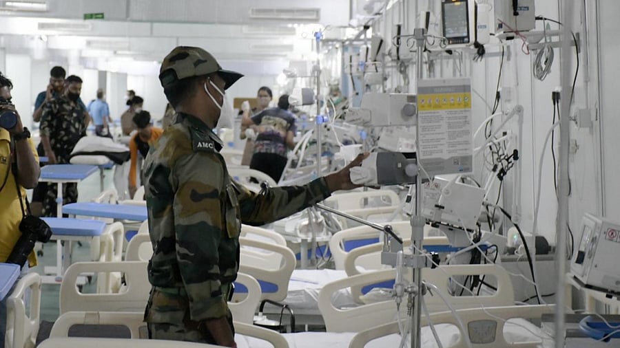 Covid care center at Delhi Cantt, as coronavirus cases surge in New Delhi. Credit: PTI photo.