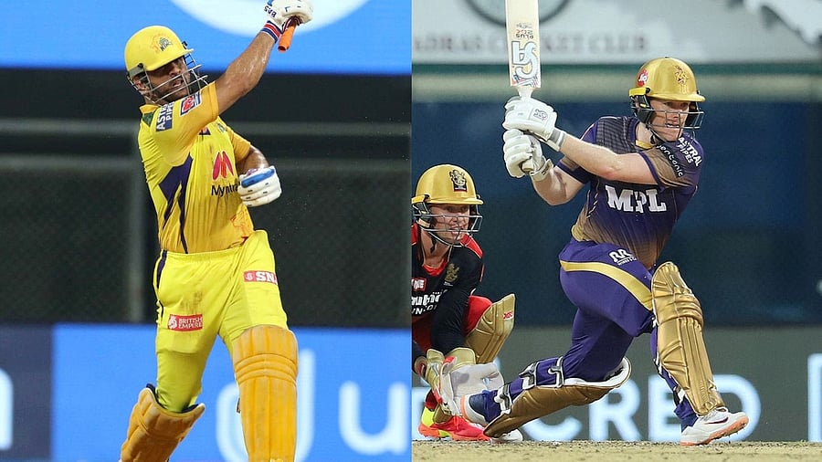 CSK captain MS Dhoni (L) and KKR captain Eoin Morgan. Credit: PTI Photos/Sportzpics