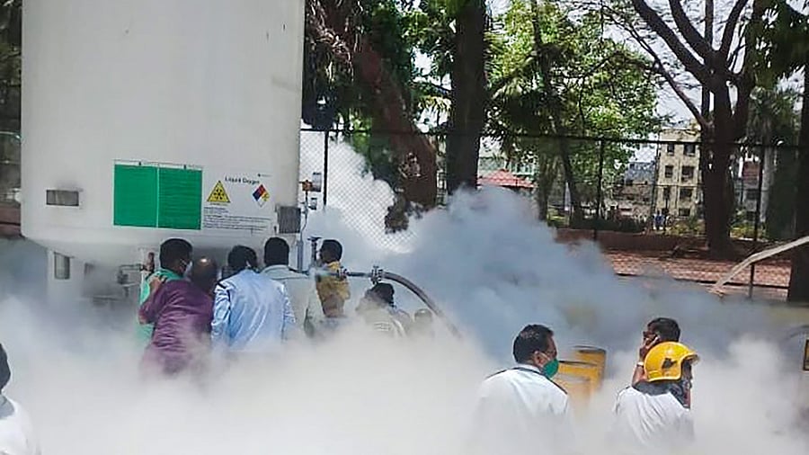 Medical oxygen gas leaks out from a storage unit, which led to interruption in supply of oxygen to Covid-19 patients. Credit: PTI Photo