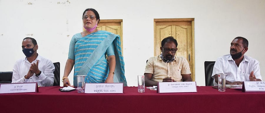 TP president Tekkade Shobha Mohan speaks during a Taluk Panchayat meeting in Madikeri.