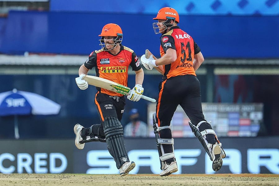 David Warner Captain of Sunrisers Hyderabad and Jonny Bairstow of Sunrisers Hyderabad run between the wickets during match 14 of the Indian Premier League 2021 between the Punjab Kings and the Sunrisers Hyderabad held at the M. A. Chidambaram Stadium, Chennai, Wednesday, April 21, 2021. Credit: PTI Photo