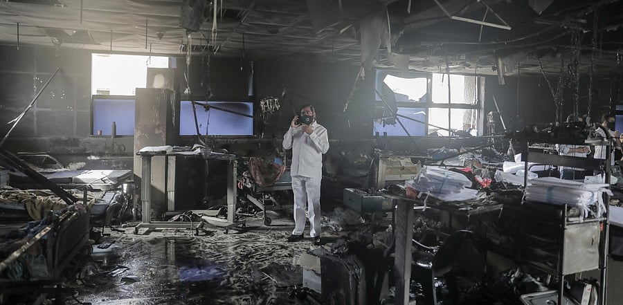 The fire broke out in the ICU on the second floor of the four-storeyed Vijay Vallabh Hospital. Credit: PTI Photo
