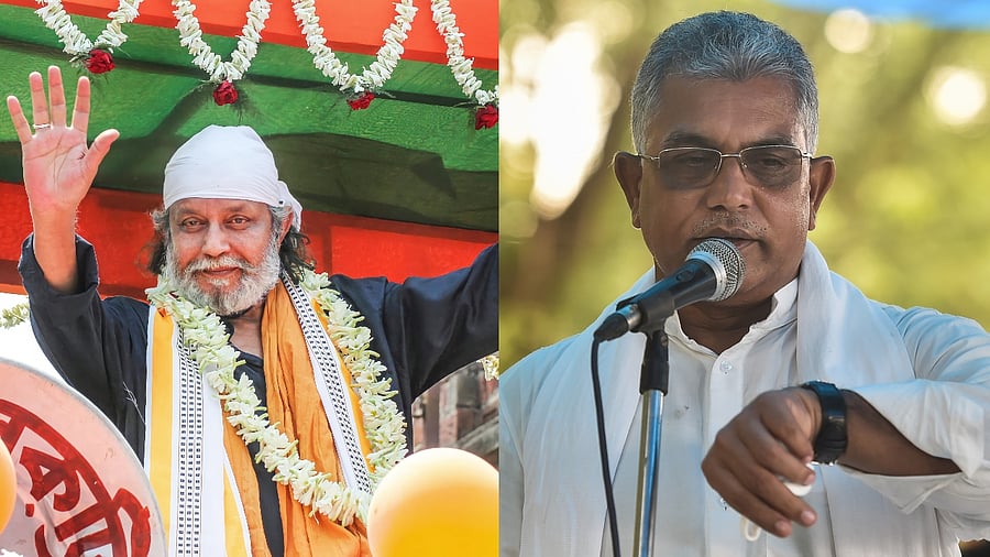 BJP leaders Mithun Chakraborty (L) and Dilip Ghosh (R). Credit: PTI Photos