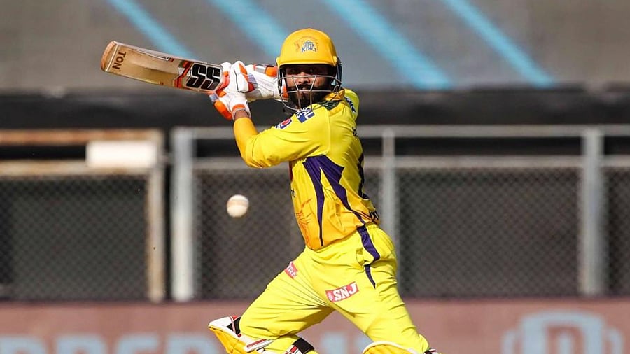 Ravindra Jadeja of Chennai Super Kings plays a shot during match 19 of the Indian Premier League 2021 between the Chennai Super Kings and the Royal Challengers Bangalore, held at the Wankhede Stadium in Mumbai, Sunday, April 25, 2021. Credit: PTI Photo
