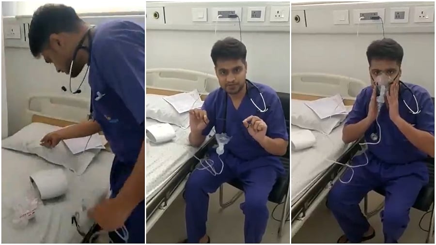 A video of a man – who identifies himself as Doctor Alok – advising how nebulizer can be used as a substitute for oxygen cylinders is circulating on social media.  Credit: @AwanishSharan