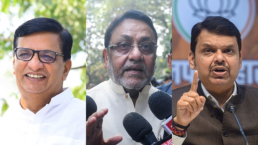 Maharashtra Congress Minister Balasaheb Thorat (L), NCP Minister Nawab Malik (C), and Leader of Opposition Devendra Fadnavis. Credit: PTI File Photos