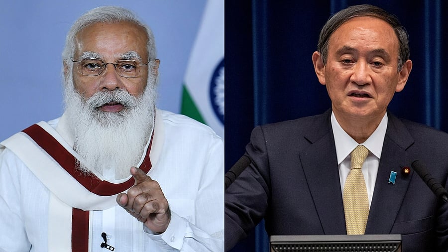 Narendra Modi and Japan PM Yoshihide Suga (R) spoke on the phone today. Credit: PTI, Reuters Photo