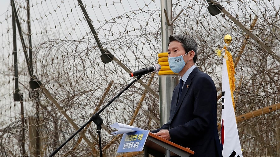 South Korean Unification Minister Lee In-young speaks during a ceremony to mark the third anniversary of Panmunjom declaration between South Korean President Moon Jae-in and North Korean leader Kim Jong Un, in Paju. Credit: Reuters Photo