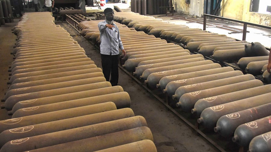 Medical oxygen consumption in India has shot up more than eight-fold from usual levels to about 7,200 tonnes per day this month, said Moloy Banerjee of Linde Plc, the country's biggest producer. Credit: PTI Photo