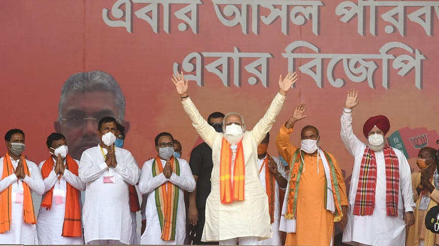 Prime Minister Narendra Modi at an election campaign rally for West Bengal Assembly polls, in Burdwan. Credit: PTI Photo