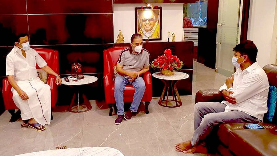 Makkal Needhi Maiam (MNM) President Kamal Haasan meets with DMK chief and election Tamil Nadu Chief Minister MK Stalin and his son Udhayanidhi Stalin at his residence, in Chennai. Credit: PTI photo