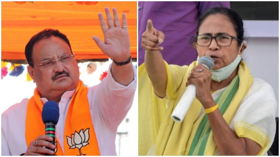 TMC supremo Mamata Banerjee (R) and BJP president J P Nadda. Credit: PTI Photos