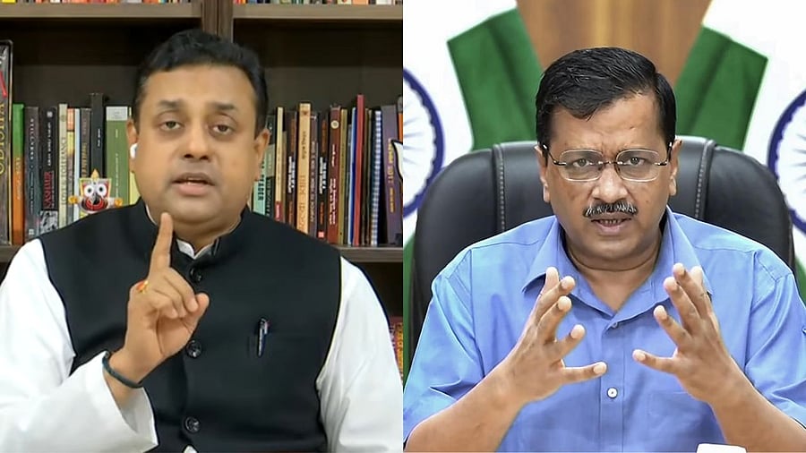 BJP spokesperson Sambit Patra and Delhi Chief Minister Arvind Kejriwal. Credit: PTI Photo/Twitter/@BJP4India