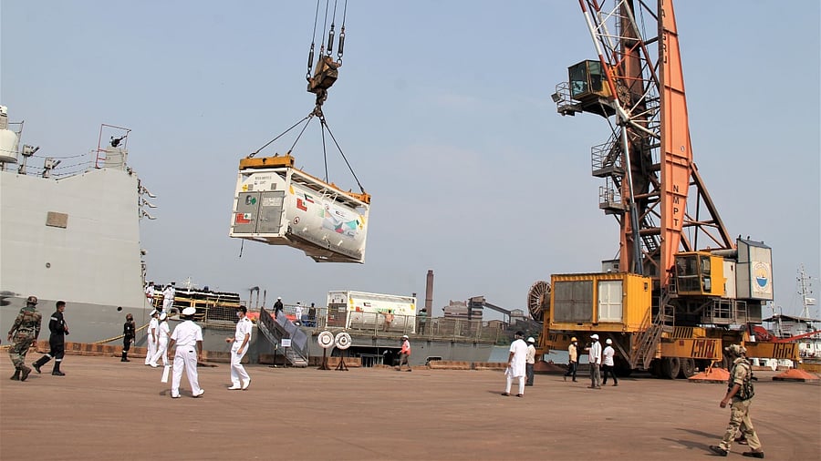The oxygen was loaded on to the Naval vessel and sailed out from Shuwaikh Port in Kuwait on May 5. Credit: DH Photo