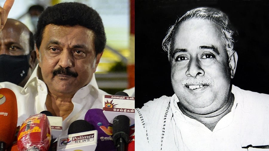 Tamil Nadu Chief Minister M K Stalin (L) and former CM C N Annadurai, who coined the term 'Davidian stock'. Credit: AFP, DH File Photos
