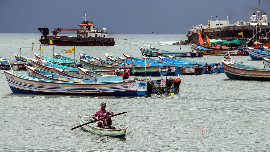 Fishing boats anchored at Vizhinjam Coast following a cyclone alert in Thiruvananthapuram. Credit: PTI Photo