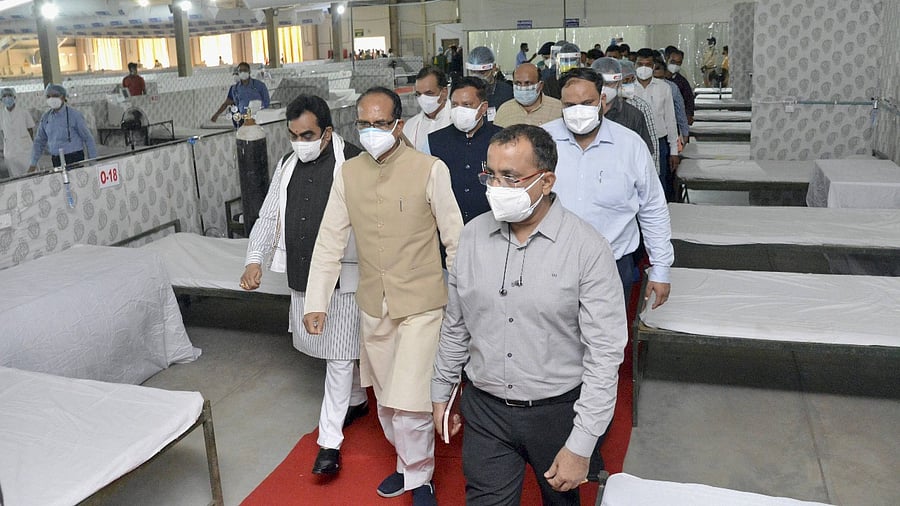 Madhya Pradesh Chief Minister Shivraj Singh Chouhan during inauguration of the 400-bed Rani Durgavati Covid-19 Centre, in Jabalpur. Credit: PTI Photo