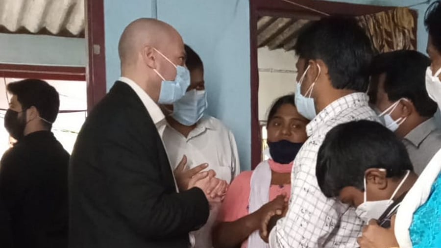 Israel consul general to South India Jonathan Zadka visiting house of Soumya Santhosh, who was killed in Hamas shelling. Credit: Twitter/@Jonathan_Zadka