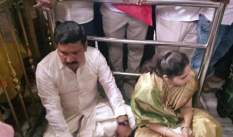 State BJP vice-president B Y Vijayendra and his wife offer special puja at Srikanteshwara temple on Tuesday.