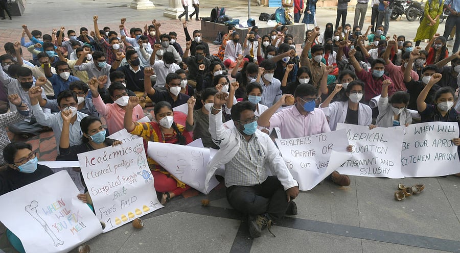 The government rejected the demand for waiver of the academic fee last year. Dr Dayanand Sagar (in front), representing resident doctors, is urging the authorities to consider the demand favourably at least this year.