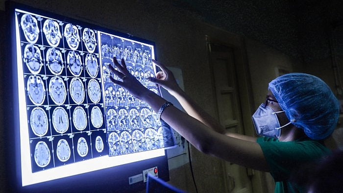 Doctors perform a Diagnostic Nasal Endoscopy (DNE) on a patient to detect 'black fungus'. Credit: PTI File Photo