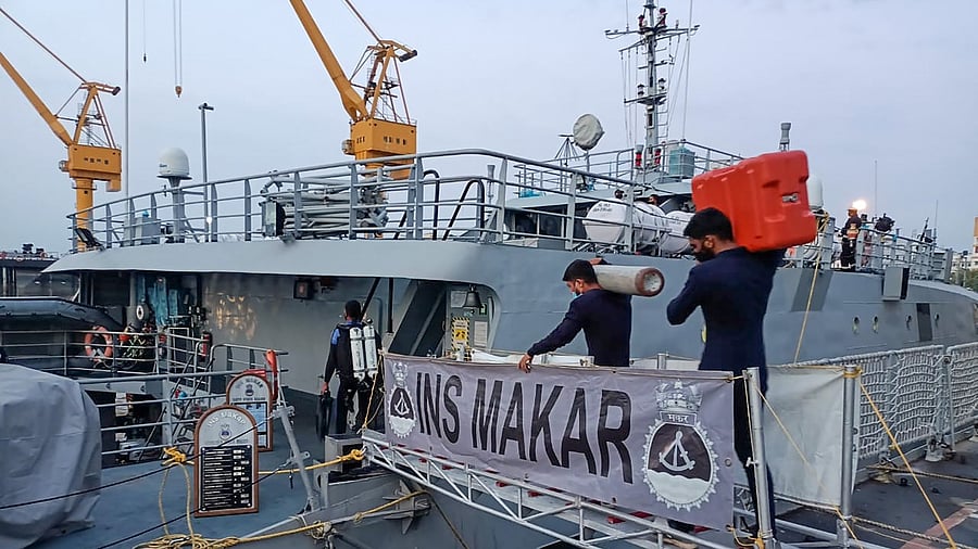 SAR ops for the missing crew of Barge P305 & Tug Varapradha, specialised diving teams onboard INSMakar with side scan sonar sailed out from Mumbai. Credit: PTI Photo