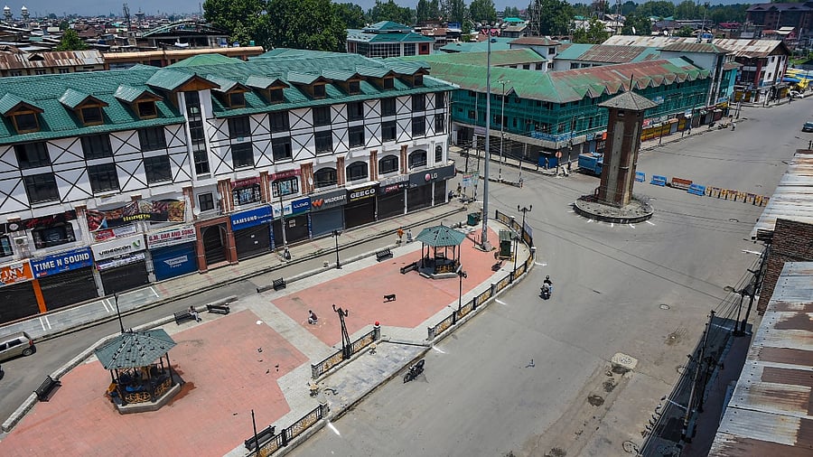 A deserted Lal Chowk during Covid-induced lockdown in Srinagar. Credit: PTI Photo