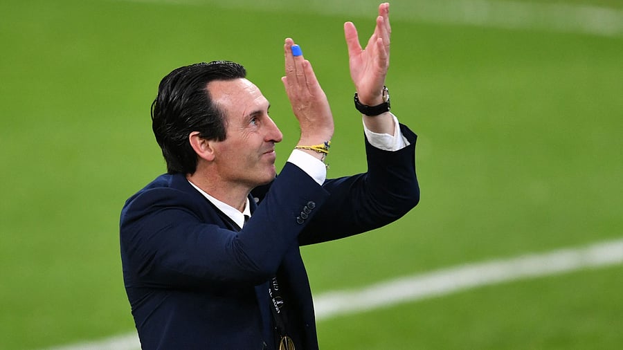Villarreal's Spanish coach Unai Emery celebrates after winning the UEFA Europa League. Credit: AFP Photo