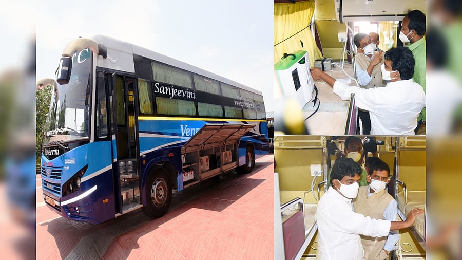 These buses are each equipped with five O2 concentrators and three AC machines. Credit: Special Arrangement