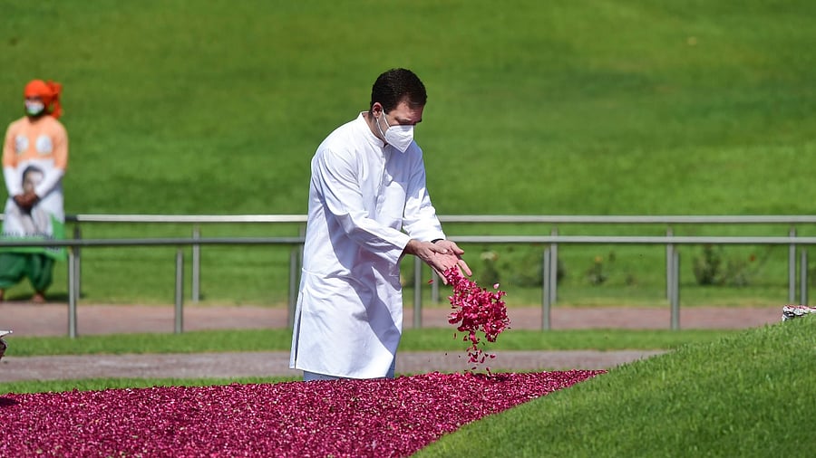 Congress leader Rahul Gandhi also paid floral tributes to Nehru at his memorial Shanti Van this morning. Credit: PTI Photo