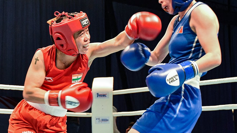 Mary Kom during her match against Lutsaikhan Altantsetseg in the women’s 51kg semi-final at the 2021 ASBC Asian Boxing Championships in Dubai. Credit: PTI Photo