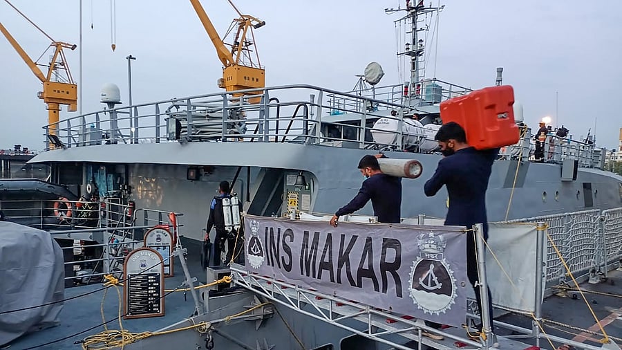 INS Makar is the lead ship of the Makar-class of survey catamarans used for hydrographic survey by the Indian Navy. Credit: PTI Photo