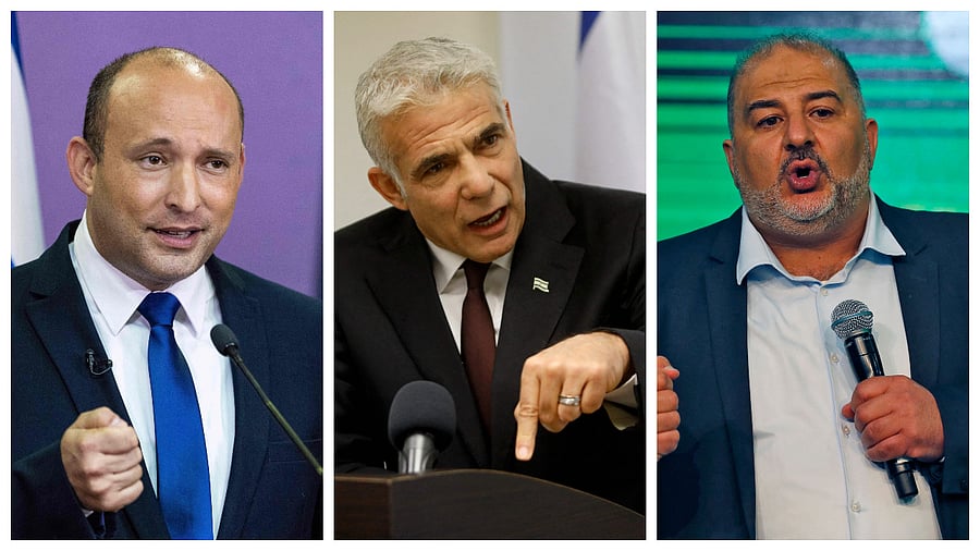 Naftali Bennett, Yair Lapid and Mansour Abbas (From L to R). Credit: AFP Photos