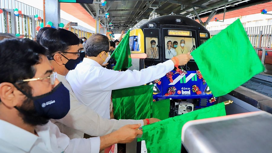 Maharashtra Chief Minister Uddhav Thackeray flags off the first-ever trial run of Mumbai Metro Line 2A and 7, in Mumbai. Credit: PTI Photo