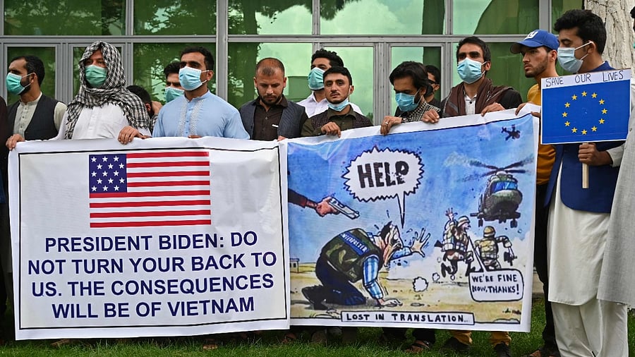 Afghan former interpreters for the US and NATO forces gather during a demonstration in downtown Kabul. Credit: AFP File Photo