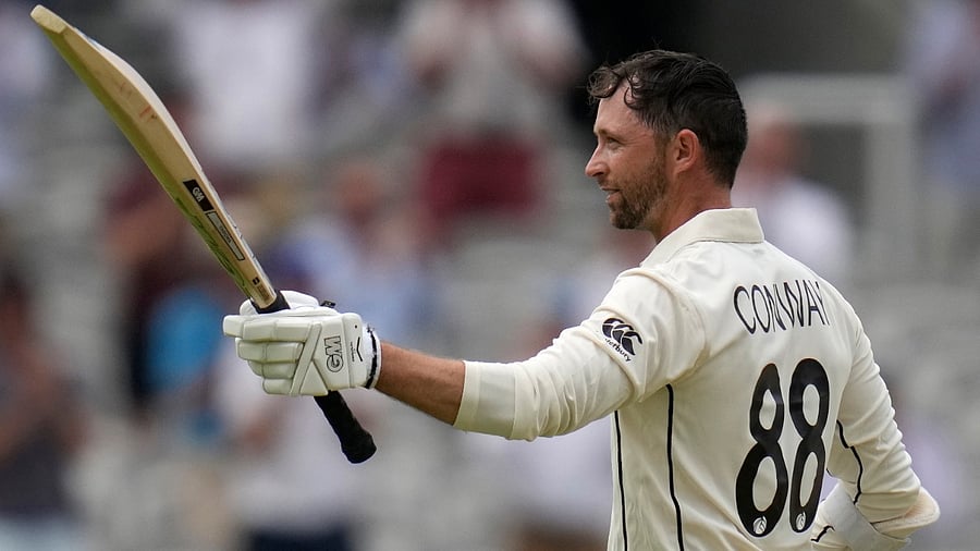 Conway celebrates scoring a century. Credit: AP Photo