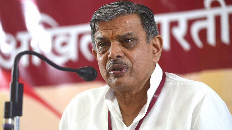 Rashtriya Swayamsevak Sangh newly-elected General Secretary Dattatreya Hosabale addresses a press conference during the 'Akhil Bharatiya Pratinidhi Sabha-21' in Bengaluru, Saturday, March 20, 2021. Credit: PTI Photo