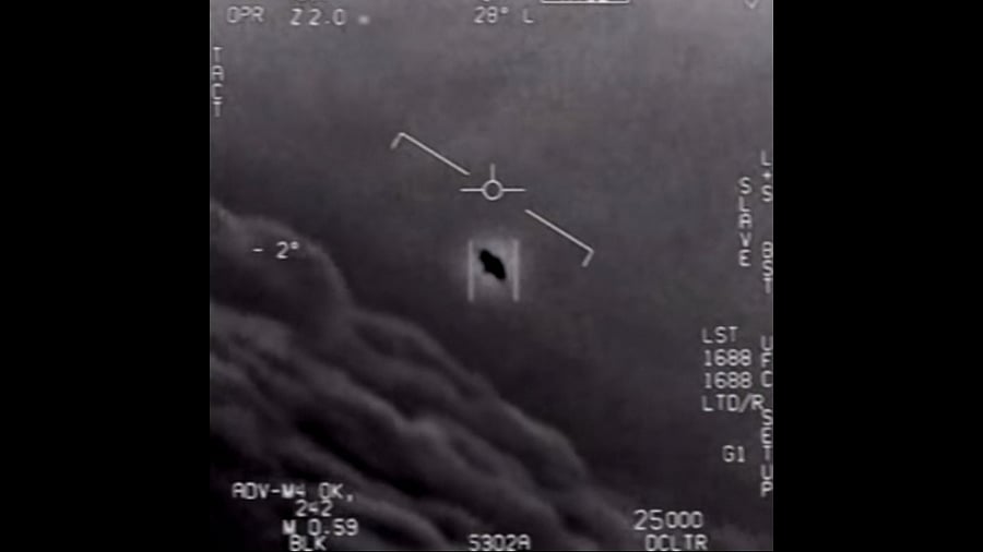 this file video grab image obtained April 26, 2020 courtesy of the US Department of Defense shows part of an unclassified video taken by Navy pilots that have circulated for years showing interactions with "unidentified aerial phenomena". Credit: AFP Photo