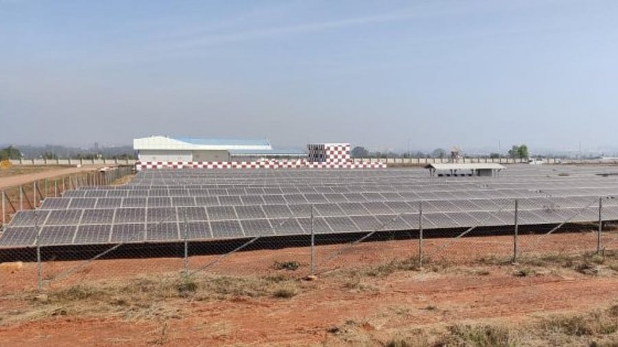 Solar installations, deployed across 53,600 sqm on the airside, will help the Kempegowda International Airport save 37.5 lakh units of electricity annually, says BIAL. Credit: DH Photo