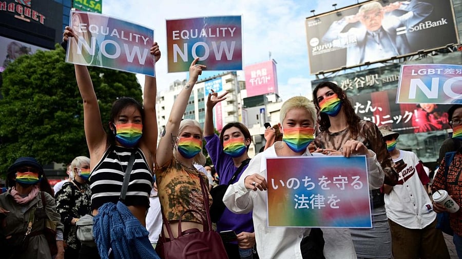 People take part in a rally organised by Human Rights Watch to support the LGBT legislation in Shibuya district of Tokyo. Credit: AFP Photo