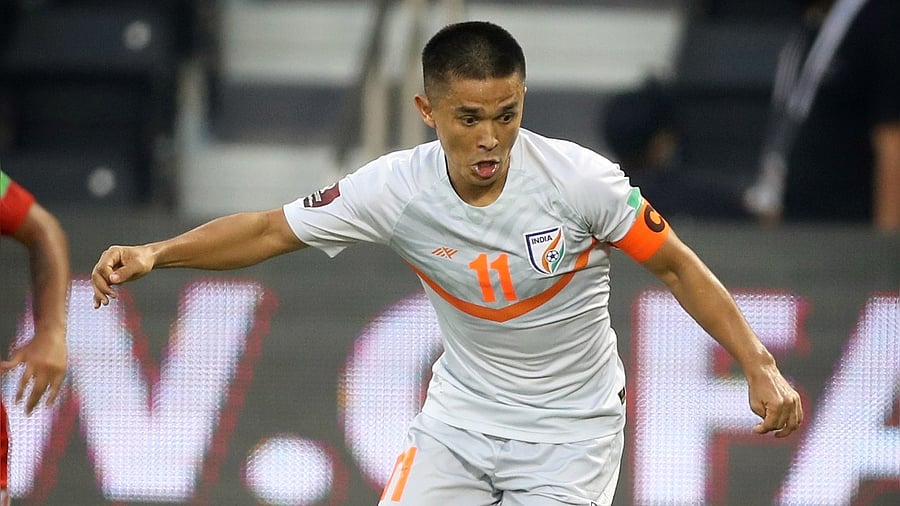 The 36-year-old scored both goals in a late 2-0 win over Bangladesh in the FIFA World Cup Qualifiers at Doha. Credit: Twitter/@IndianFootball