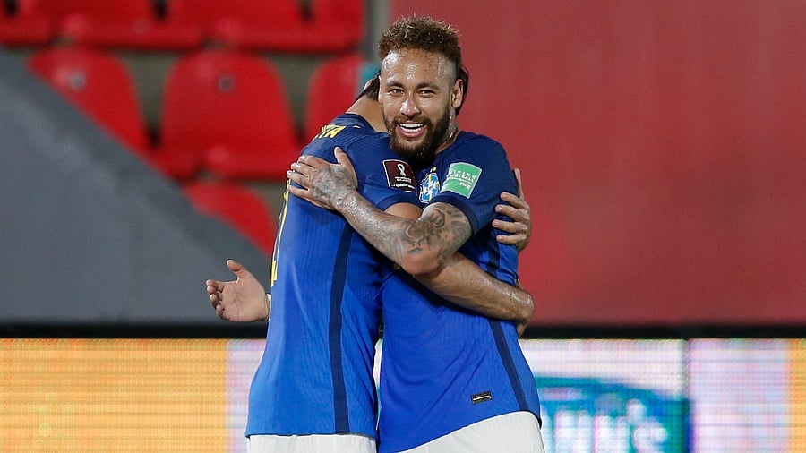 Brazil's Lucas Paqueta celebrates scoring their second goal with Neymar. Credit: Reuters Photo