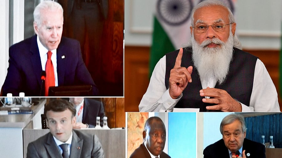 Prime Minister Narendra Modi participates in the first Outreach Session of the G7 Summit virtually, in New Delhi. Credit: PTI Photo