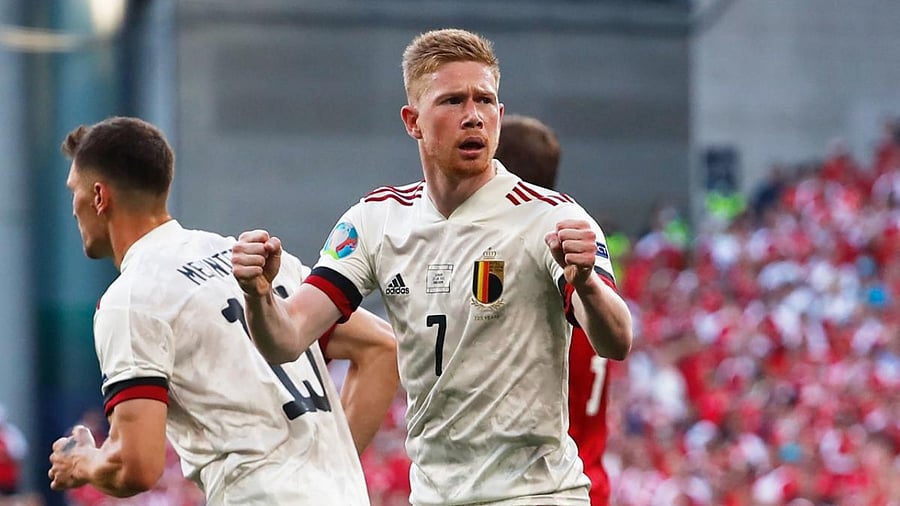 Belgium's midfielder Kevin De Bruyne celebrates after his team's first goal during the UEFA EURO 2020 Group B football match between Denmark and Belgium at the Parken Stadium in Copenhagen. Credit: AFP Photo