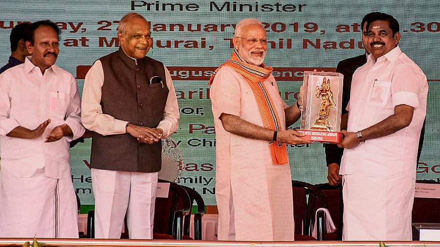 Prime Minister Narendra Modi being felicitated by Tamil Nadu Chief Minister K Palaniswami at the foundation stone laying ceremony of All India Institute of Medical Sciences (AIIMS) in Madurai, Sunday, Jan. 27, 2019. Credit: PTI File Photo