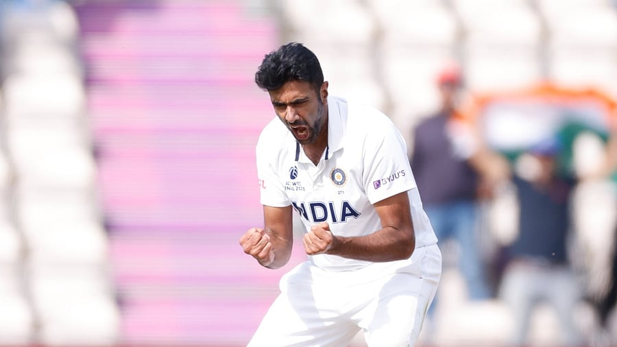 Ashwin celebrates taking the wicket of New Zealand's Devon Conway. Credit: Reuters Photo