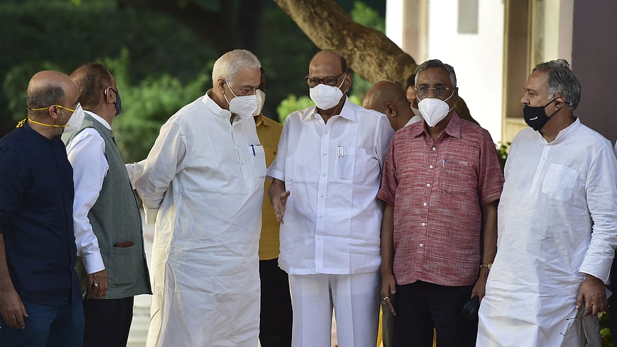 TMC leader Yashwant Sinha (3L) with other opposition leaders after a meeting at NCP President, Sharad Pawar's residence. Credit: PTI Photo